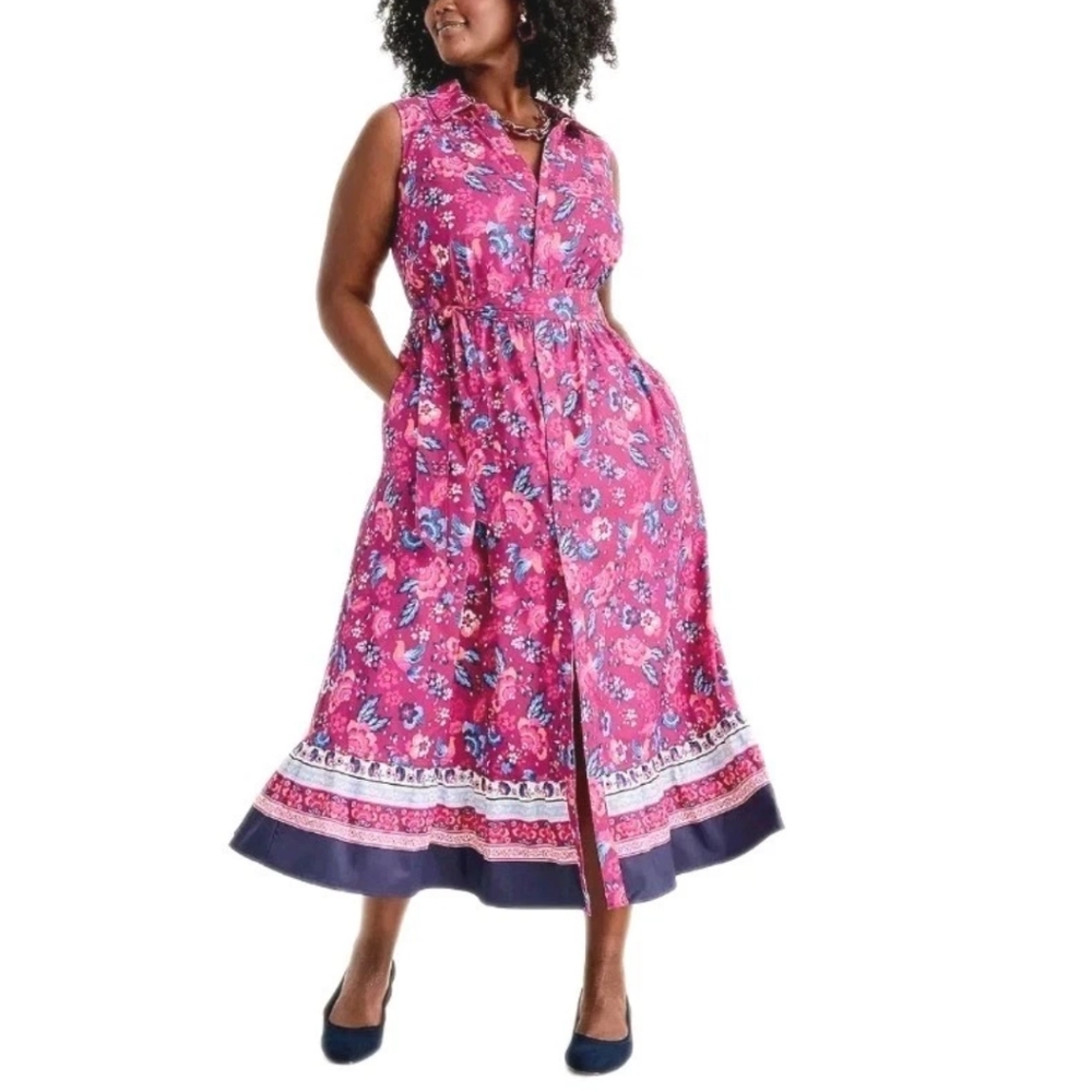 Lane Bryant Midi Shirt Dress Woman Plus 20W Magenta Floral Birds Button Belted